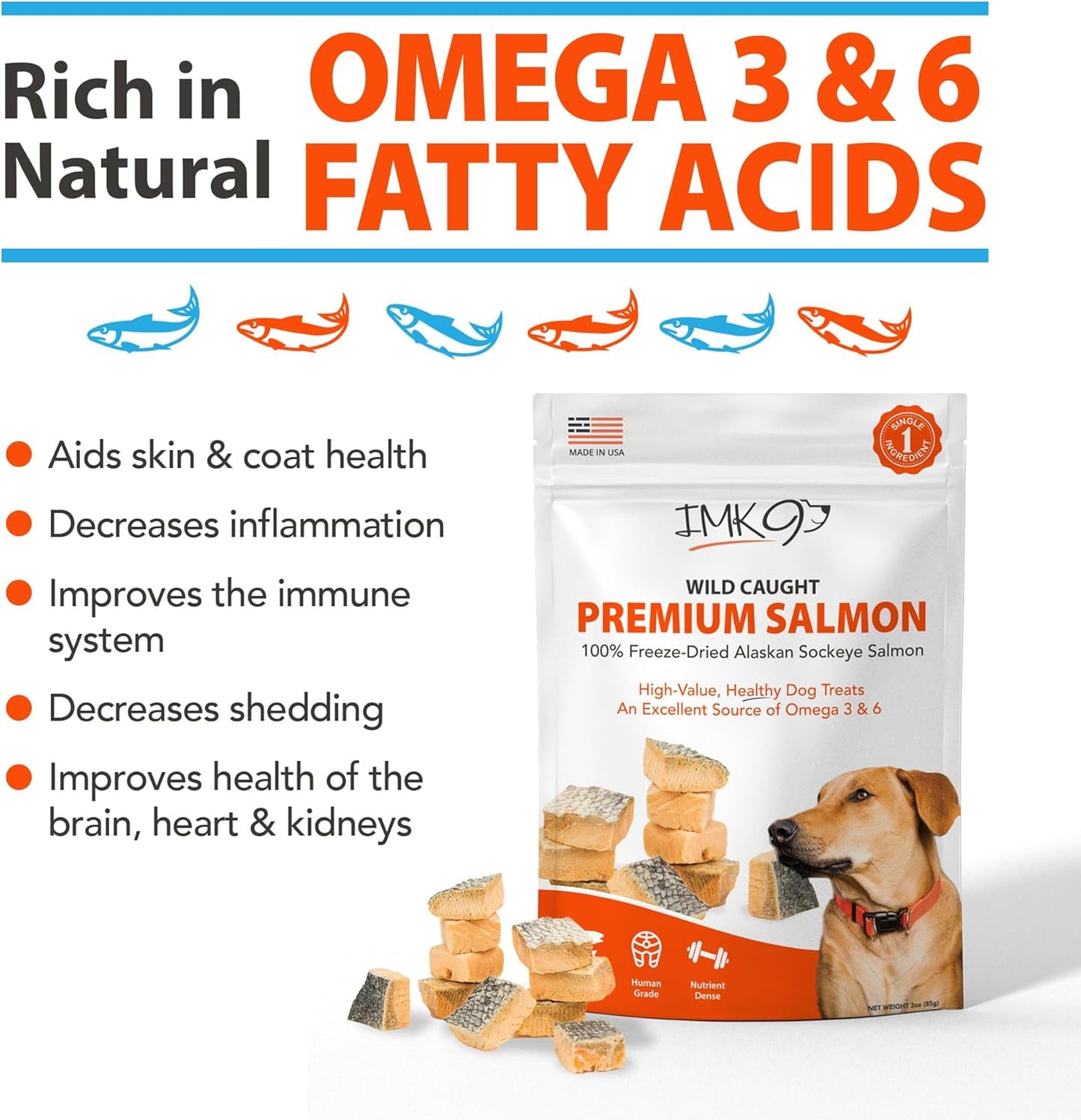 Freeze Dried Salmon Dog Treats – All Natural Dog Treats, Healthy Protein, High Value Training – Omega 3-6 Fish Oil - 100% Pure Fish with Skin, Wild Caught - Single Ingredient, Grain Free - Made in USA