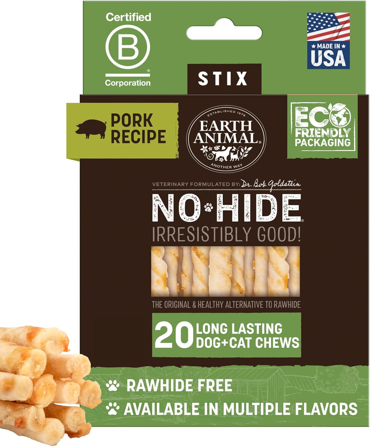 Earth Animal No-Hide Stix Pork Recipe Natural Rawhide Alternative Dog & Cat Chews - 20 Count Value Pack