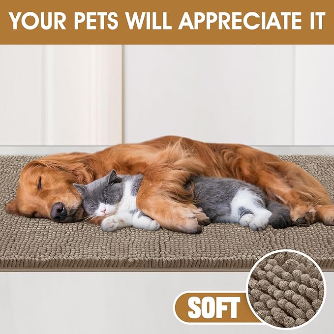 Extra Large Dog Door Mats for Muddy Paws, Chenille Absorbent Dog Mats, Non Slip Heavy Mud Mat for Dogs, Soft Pet Mat for Entryway, Mud Paws, Inside Floor,60" x 36", Beige