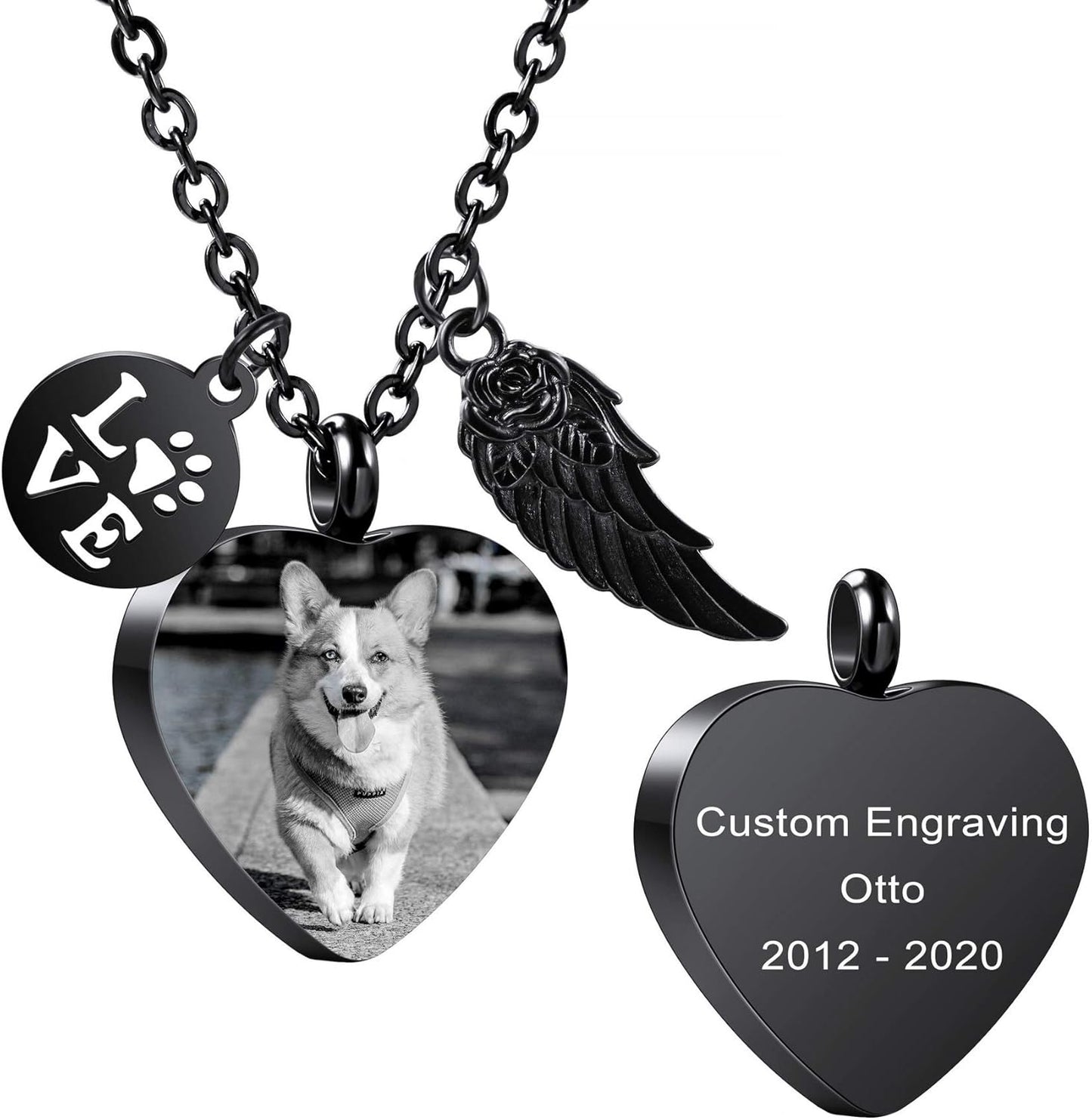 MeMeDIY Personalized Heart Paw Print Ashes Urn Pendant Necklace Custom Name/Photo/Date for Women Men Pet Lover Stainless Steel Memorial Dog Cat Pet Keepsake with Funnel Fill Kit Angel Wing