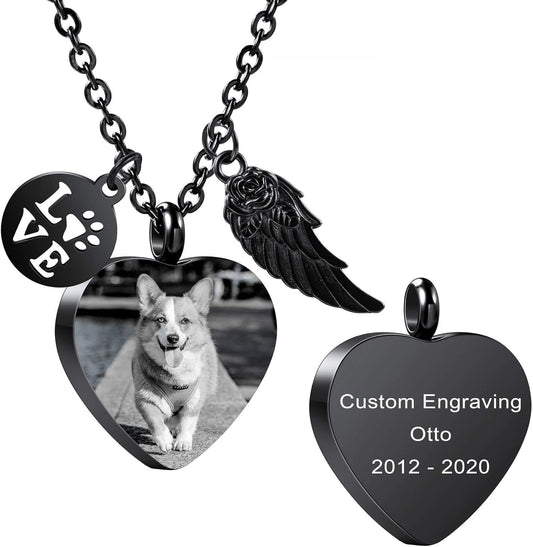 MeMeDIY Personalized Heart Paw Print Ashes Urn Pendant Necklace Custom Name/Photo/Date for Women Men Pet Lover Stainless Steel Memorial Dog Cat Pet Keepsake with Funnel Fill Kit Angel Wing