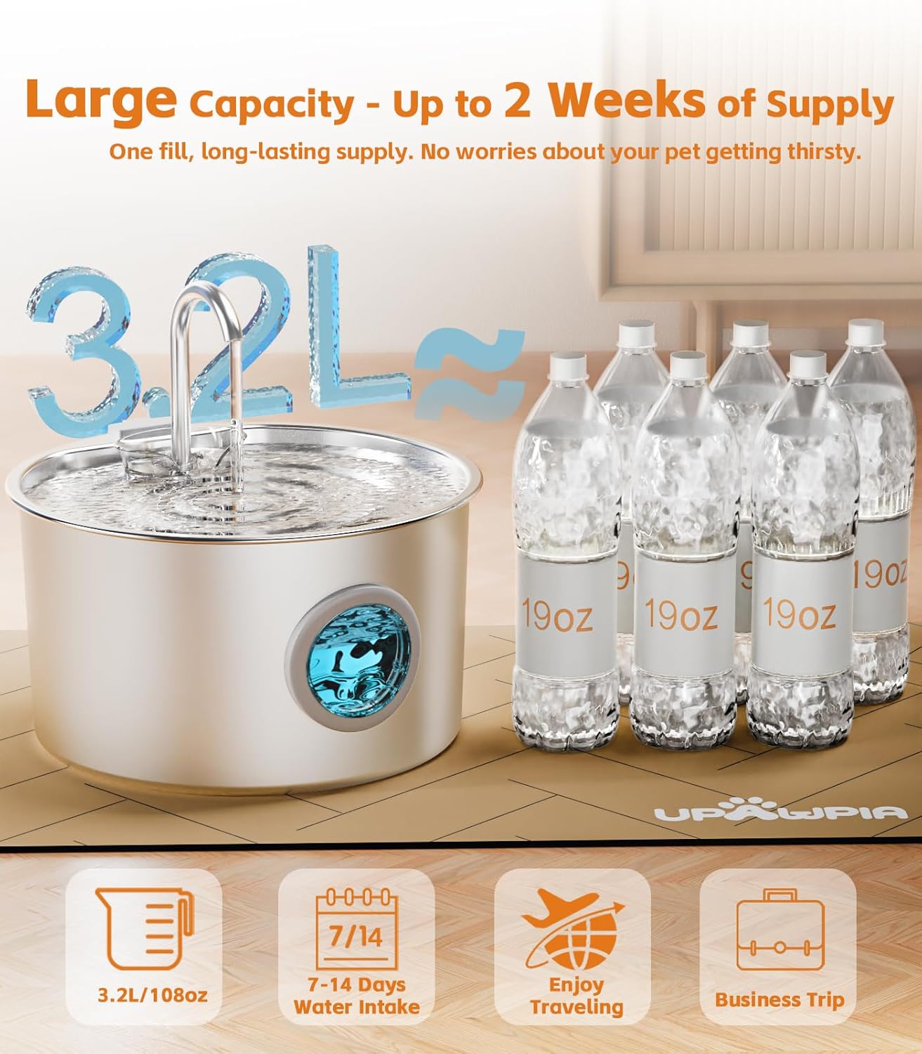 Cat Water Fountain Stainless Steel 108oz/3.2L Automatic Pet Water Fountain for Cats/Dogs Indoor Ultra Quiet Metal Cat Fountains for Drinking Kitty Watering Supplies for Pets & Small Animals