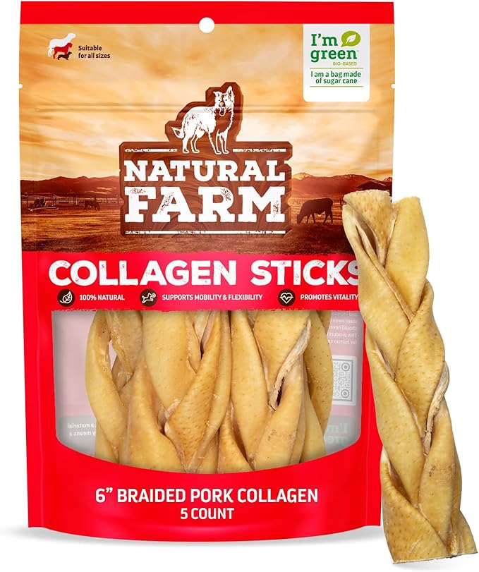 Natural Farm Braided Pork Collagen Dog Chews (10 Pack), Flavorful Braided Pork Collagen Sticks, Natural Dog Chews, Long Lasting, for Small, Medium, and Large Dogs, Odor-Free Rawhide Alternative