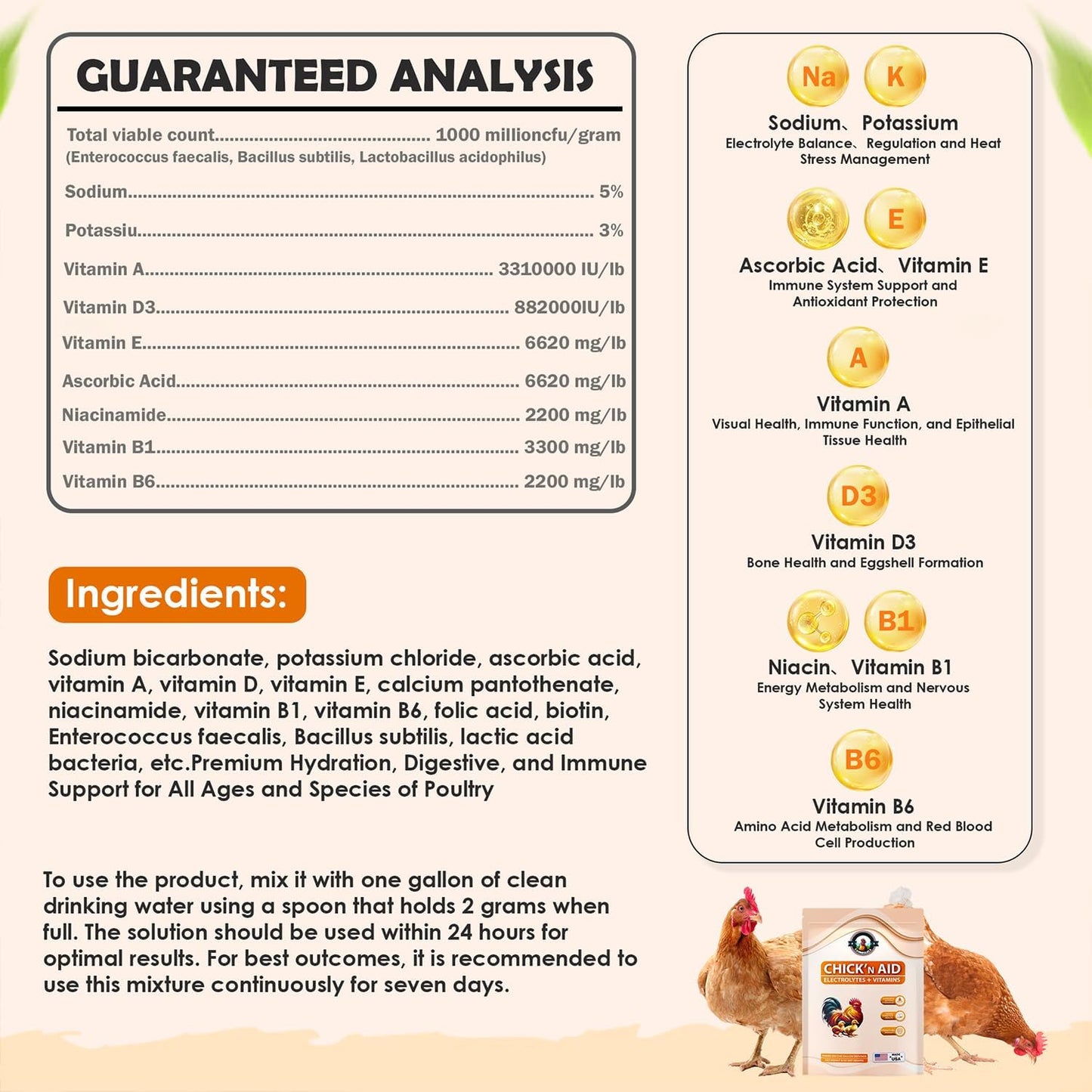 Chick’n Aid, 8 oz Essential Chicken Supplement, Ideal for Hydration, Immunity, Digestive Health. Enhanced with Poultry Vitamins, Electrolytes, and Probiotics, for Chickens, Ducks, Turkeys