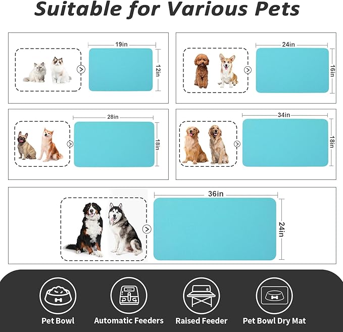 Pet Feeding Mat - Absorbent Dog Mat for Food and Water, No Stains Cat Bowl Mat, Easy to Clean Pet Placemats, Quick Dry Dog Water Dispenser Mat for Messy Drinkers | Teal 12"x 19"