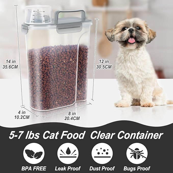 5-7Lbs Cat Dog Storage Container, Portable Pet Food Containers with Upgraded Large Spout and Cup, Small Animal Kibble Dispenser for Bird Seed, Oatmeal, Rice, Flour (2, Claer(Pink+Grey), 5L)