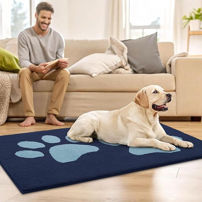 Buganda Dog Door Mat for Muddy Paws, Absorbent Dirt Trapper Washable Indoor Doormats, Non Slip Low-Profile Mud Mat for Dogs, Front Entrance Doormat for Inside Floor (40x32 Inches, Dark Blue)