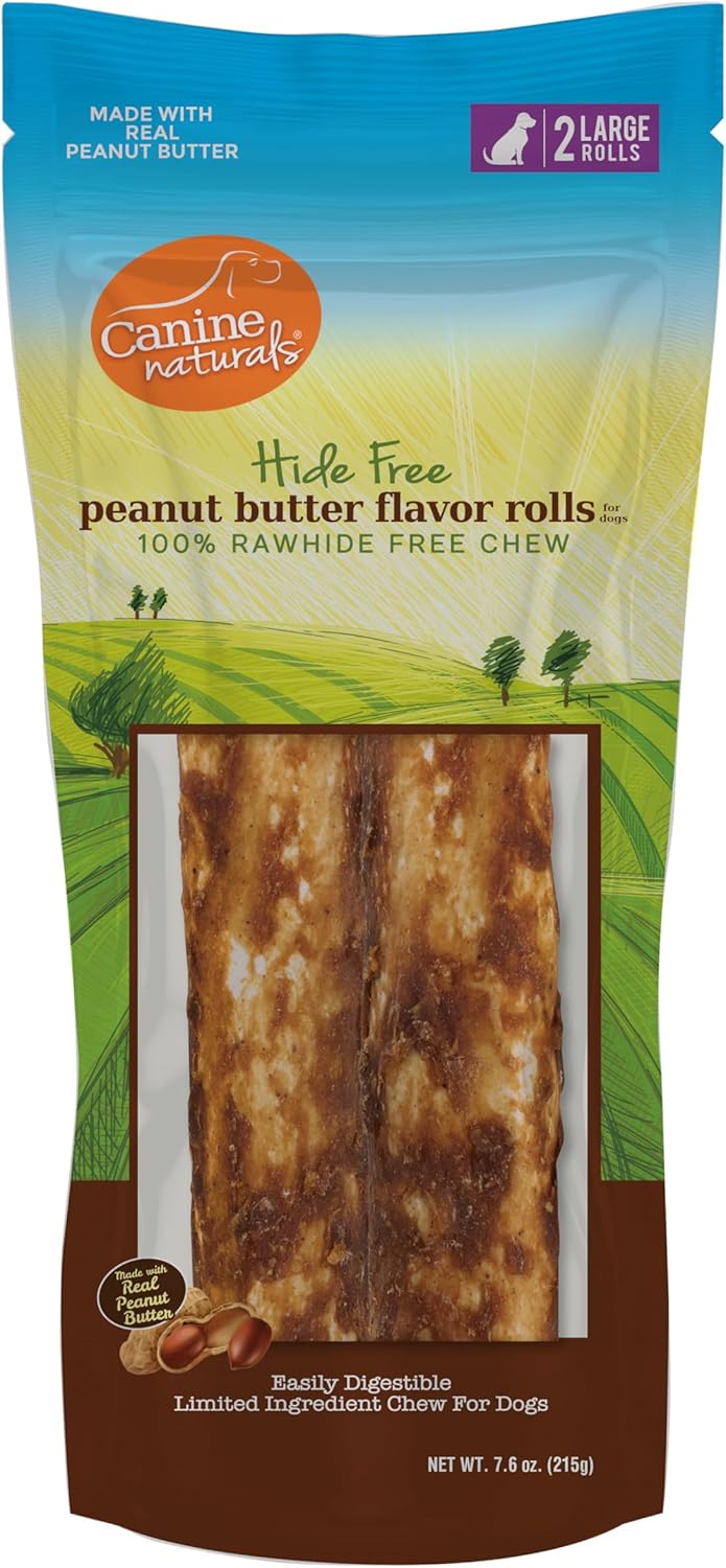 Canine Naturals Peanut Butter Chew - 100% Rawhide Free Dog Treats - Made with Real Peanut Butter - All-Natural and Easily Digestible - 2 Pack of 7 Inch Large Rolls for Dogs 50 lbs and up
