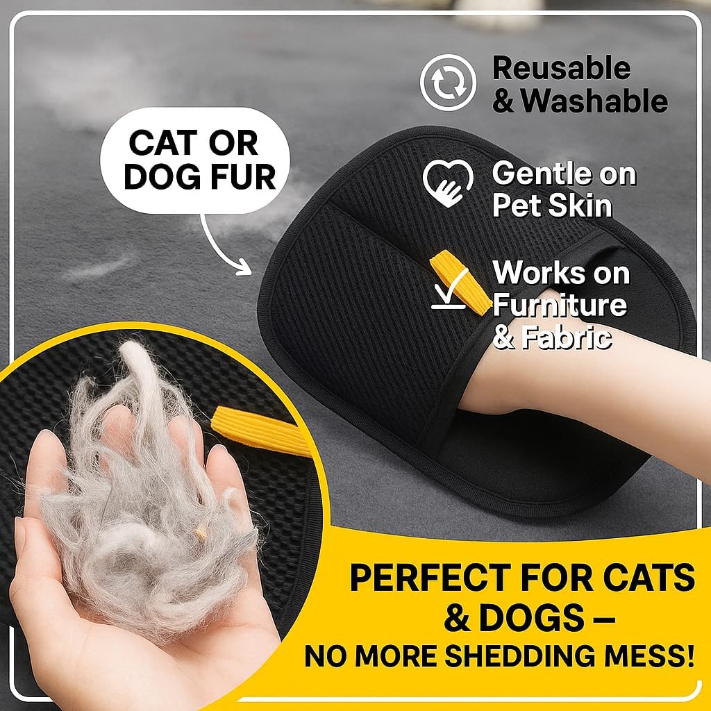 Electrostatic Pet Hair Removal Glove and Grooming Gloves | Ultimate Pet Hair Remover for Cats and Dogs | Perfect for Grooming | Furniture Cleaning