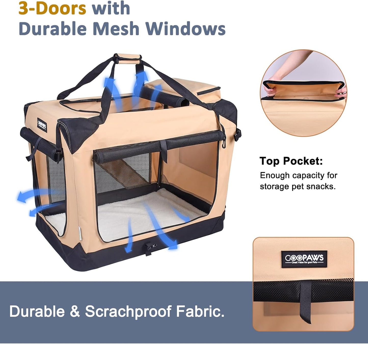 JESPET 30'' Soft Dog Crates Kennel for Pets, 3 Door Soft Sided Folding Travel Pet Carrier with Straps and Fleece Mat for Dogs, Cats, Rabbits, Grey Blue & Beige (30" L x 21" W x 23" H, Beige)