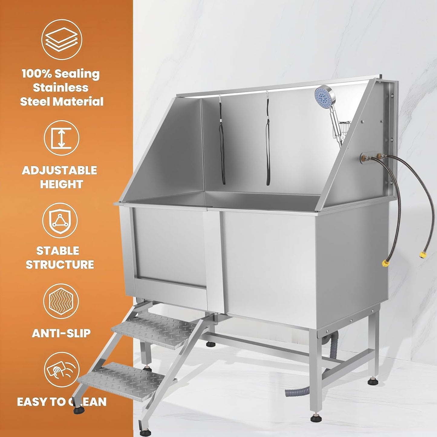 Professional Stainless Steel Dog Washing Station for Home, 50" Dog Bathtub for Large, Medium and Small Pet, Dog Grooming Tub with Anti-Slip Steps, Faucet, and Soap Box (Left Door)