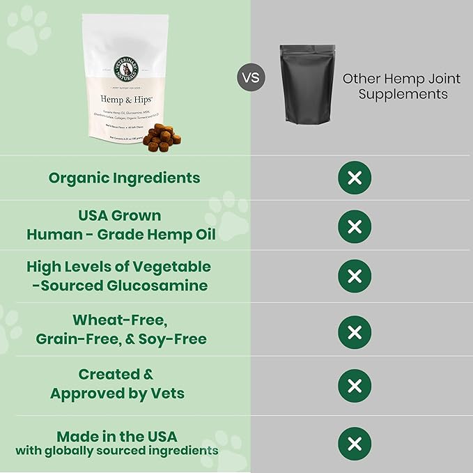 Vet Naturals Hemp & HIPS - Dog Joint Supplement Large Breed - Senior Dog Supplements - Glucosamine and Chondroitin Supplement - MSM & USA Grown Hemp Oil (60ct-Beef and Bacon)