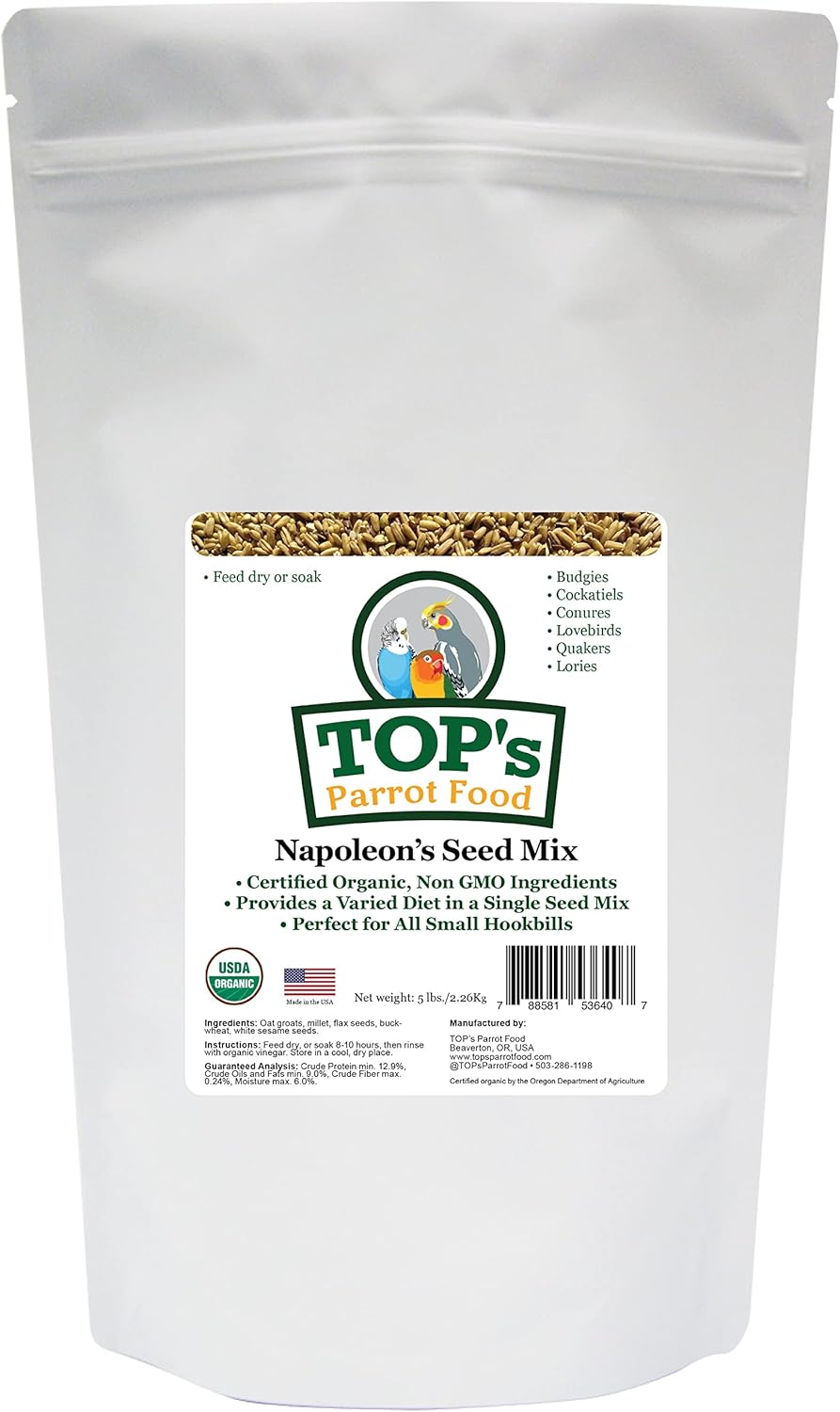 TOP's Napoleon's Seed Mix for All Small Hookbills, Non-GMO, Soy Free, Corn Free, USDA Organic Certified, 5 lb