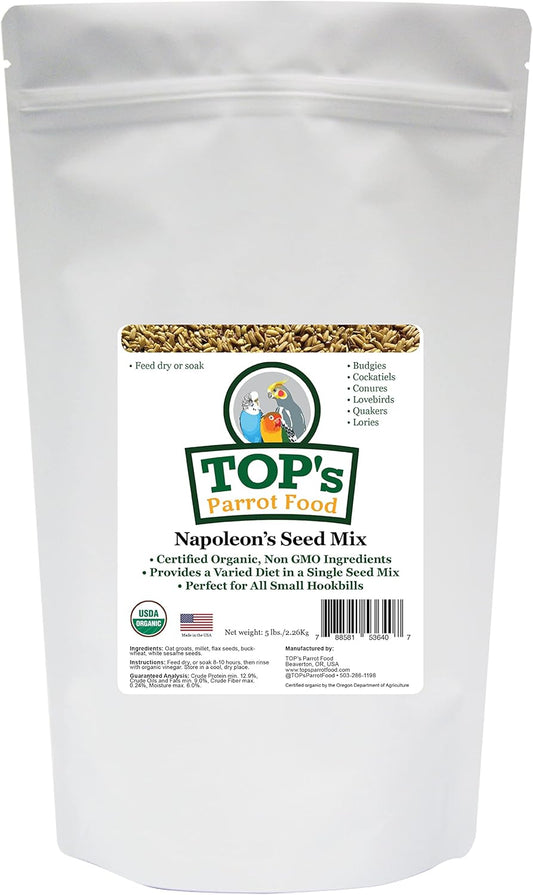 TOP's Napoleon's Seed Mix for All Small Hookbills, Non-GMO, Soy Free, Corn Free, USDA Organic Certified, 5 lb