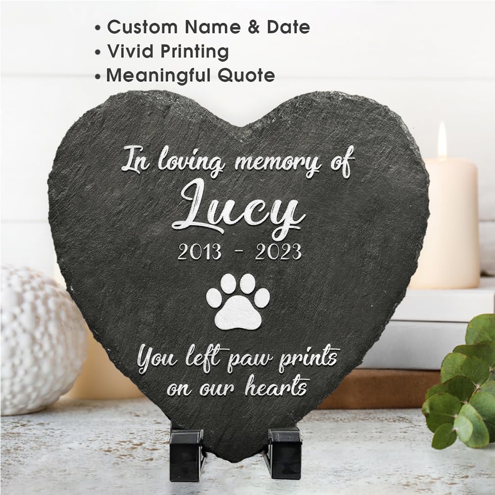 Heart Shaped Pet Memorial Stone for Dog or Cat - You Left Paw Prints on Our Hearts - Dog Heaven - Angel Wings Paw - Dog Loss Sympathy Gift