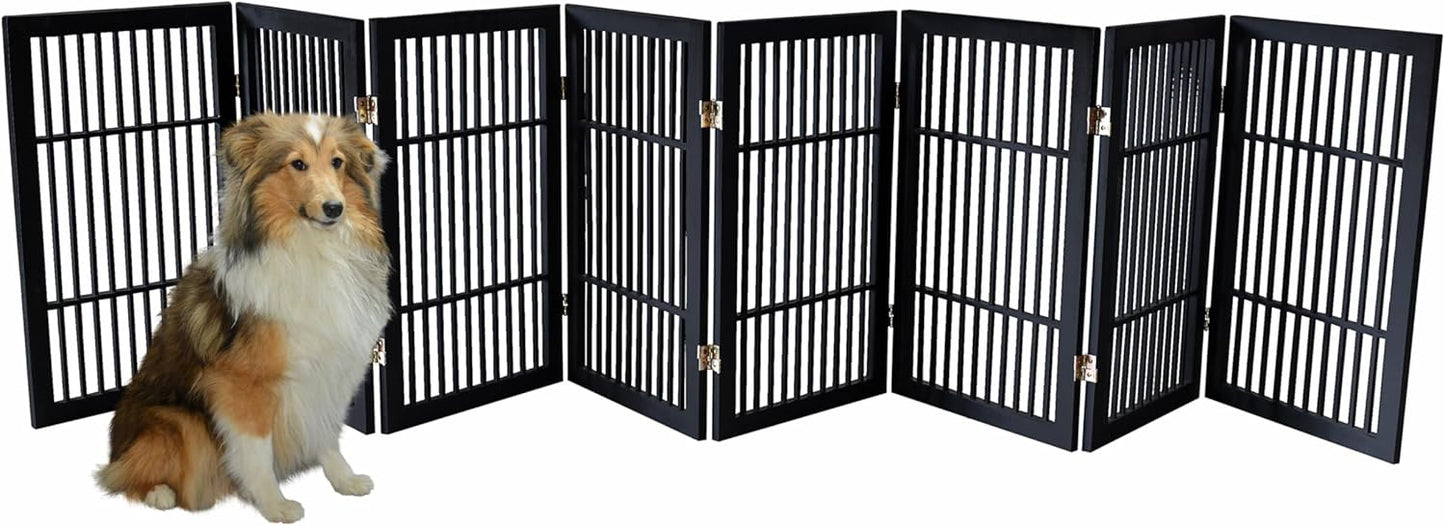 Pet Dog Gate Strong and Durable Freestanding Folding Acacia Hardwood Portable Wooden Fence Indoors or Outdoors by Urnporium (Black Pet Gate, 8 Panel 30" Tall)