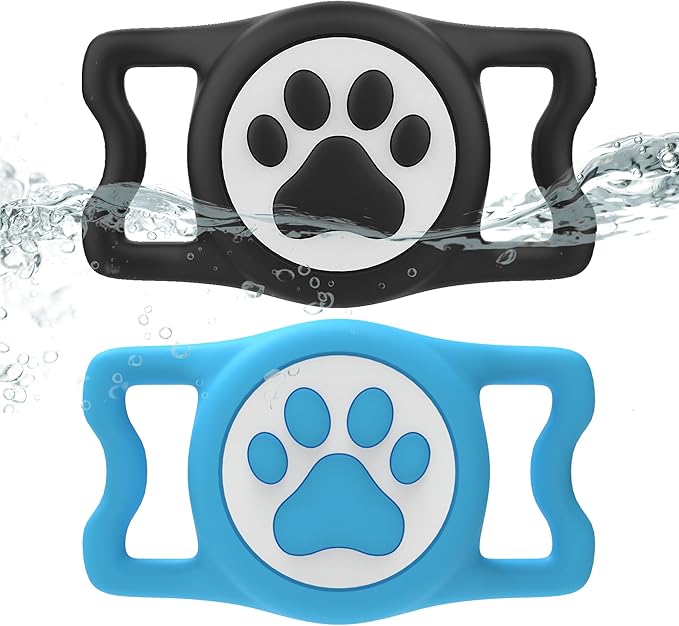 Dog Airtag Holder,[2-Pack] IP68 Waterproof AirTag Holder for Dog & Cat Collars,Silicone Air Tags Case for Pet Collars (Black+Bule)