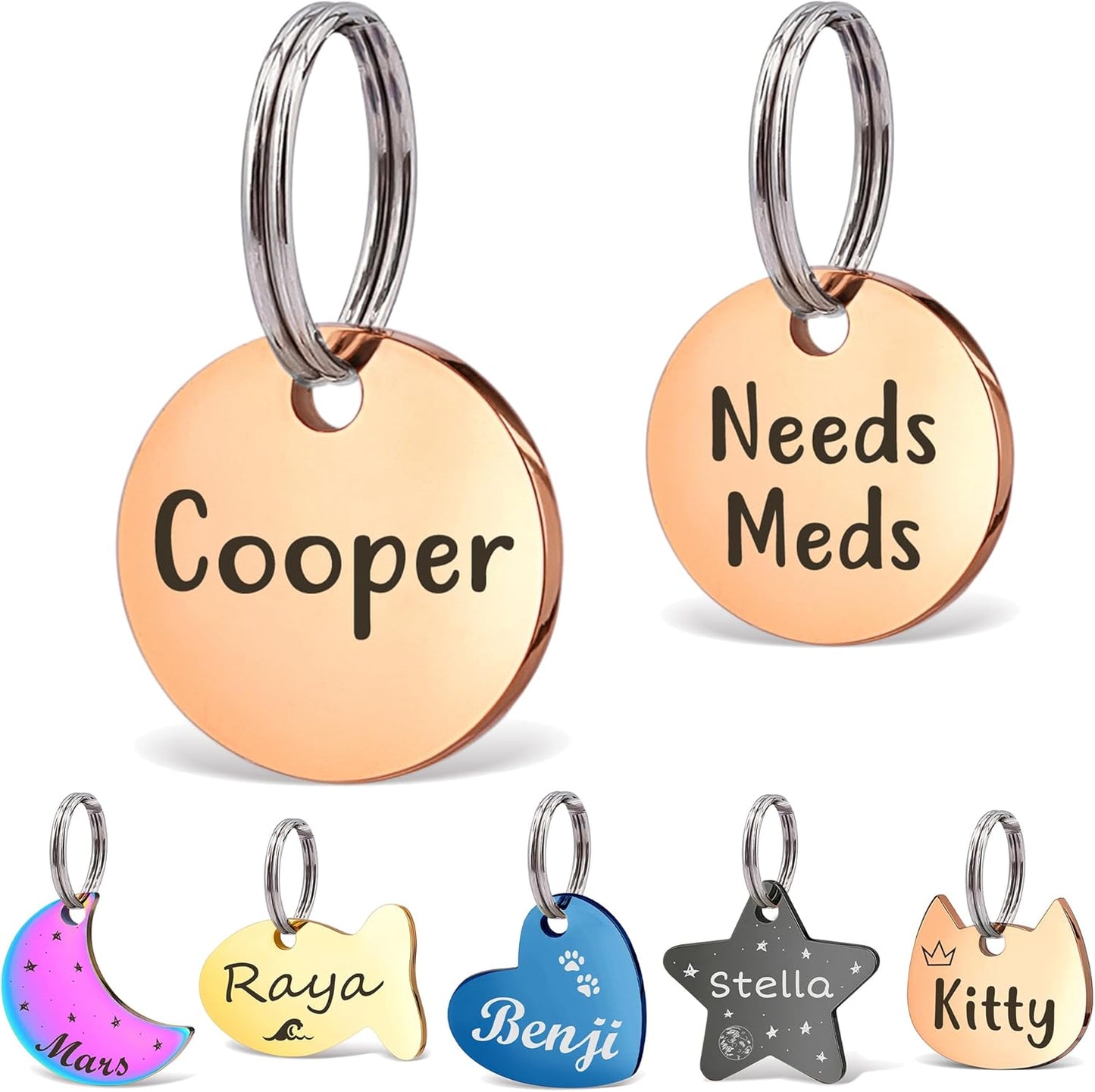 Anavia Small Size Dog Cat ID Tags, Small/XS Personalized Color Plated Stainless Steel Puppy Kitten Name Tags, Customized Engraved Nameplate Pet Collar Tag (Rose Gold, XS-Round)