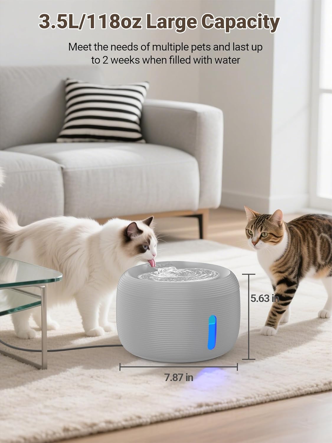 SIBAYS 3.5L/118oz Large Capacity Cat Water Fountain, Automatic Quiet Pet Water Fountain for Cats Indoor Cat Drinking Fountain, Dog Water Bowl Dispenser with LED Light & Water Level Window(FS77, Grey)