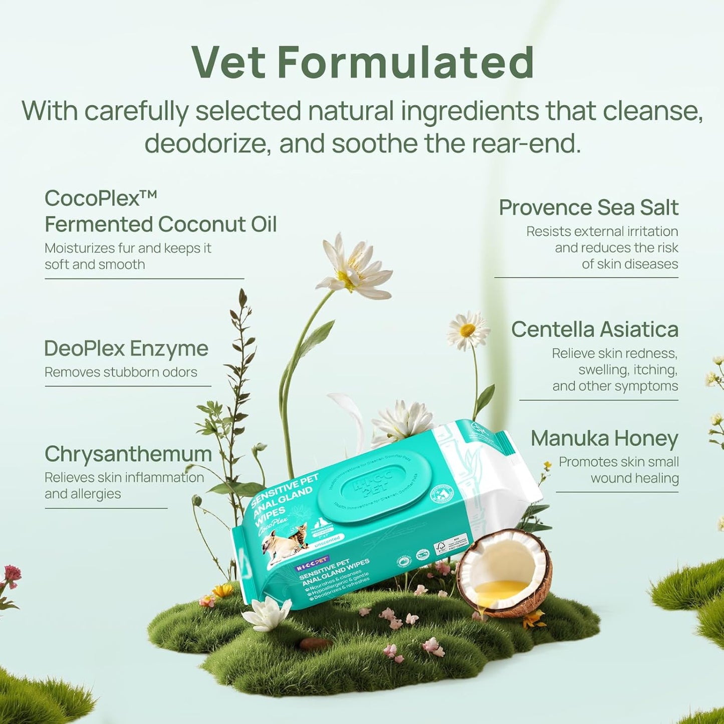 HICC PET Wipes for Dogs & Cats, Vet Recommended Cleansing Deodorizing & Soothing Allergy Infections Anal Gland Wipes with Coconut Oil, Dog Wipes for Cleaning Butt Paw, Remove Small Animal Coat Stain