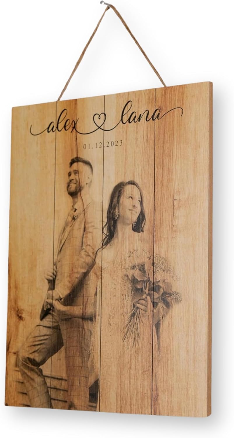 Personalized Wooden Photo Print from Your Picture, Custom Rustic Wall Art for Couples, Engraved Wood Picture Print, Wedding or Engagement Gift, Custom Photo on Wood