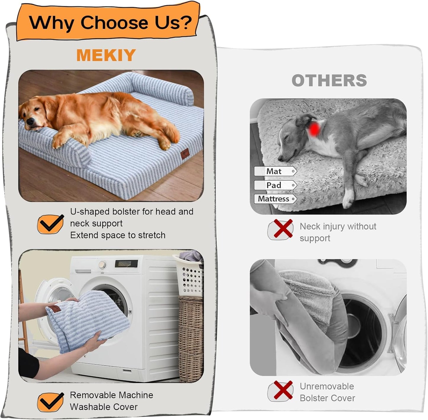 Large Dog Bed Orthopedic Washable Dog Beds Bolster - Medium Large Big Dogs - Memory Foam Dogs Couch Sofa - Waterproof with Removable Cover