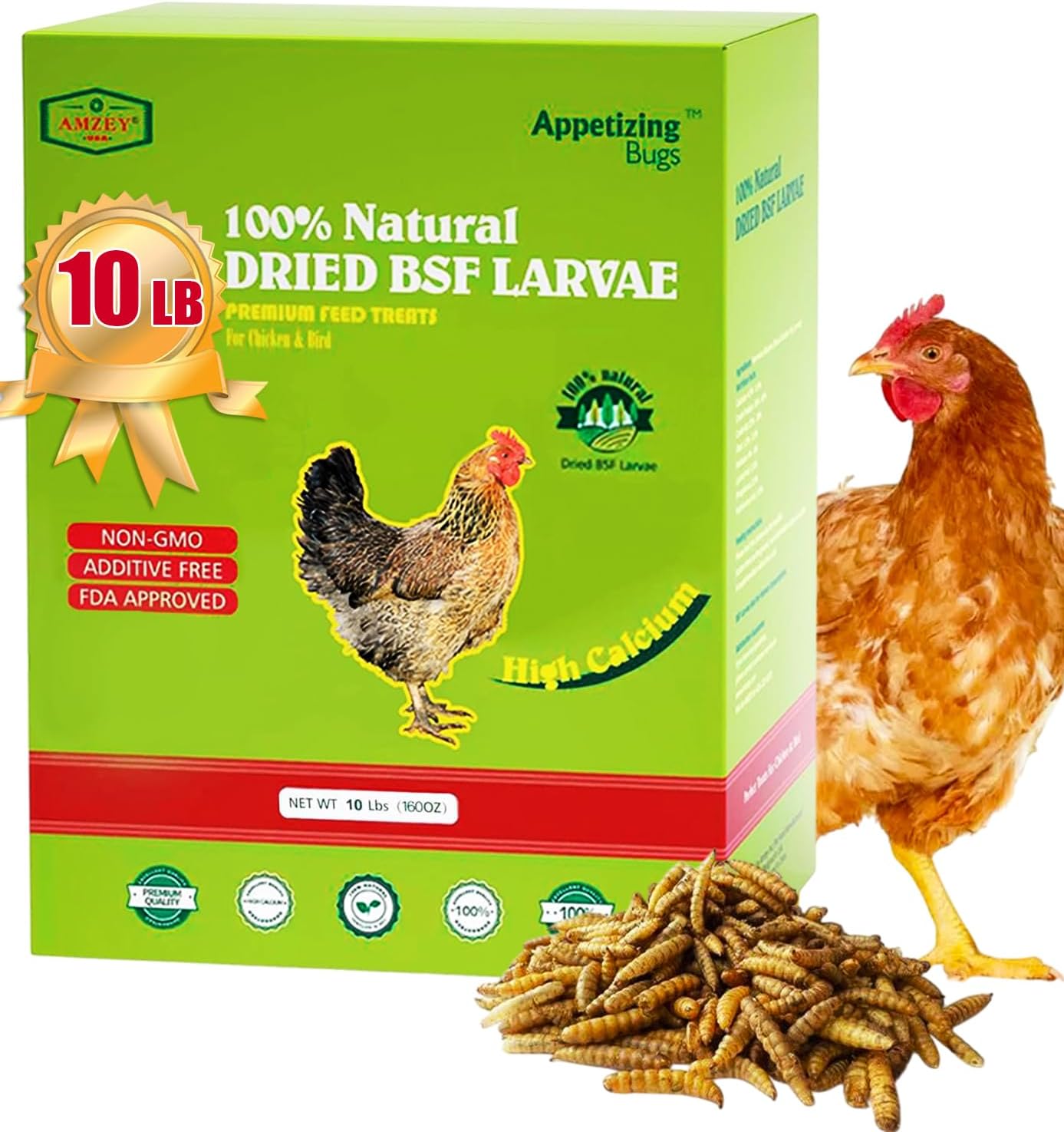 Amzey 10LBS Dried Black Soldier Fly Larva/Dried Mealworms - 100% Natural BSF Larvae - 85X More Calcium Than Mealworms - High Calcium Treats for Chickens, Birds, Hens, Ducks