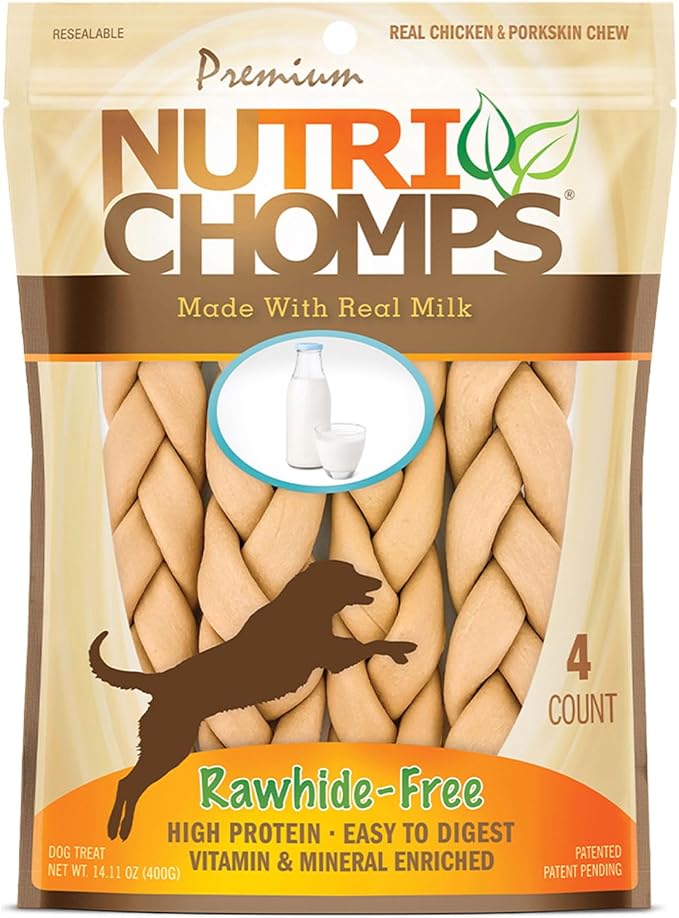 NutriChomps 9-inch Braid, Rawhide-Free Dog Treats, Easy to Digest, Healthy, 4 Count Milk