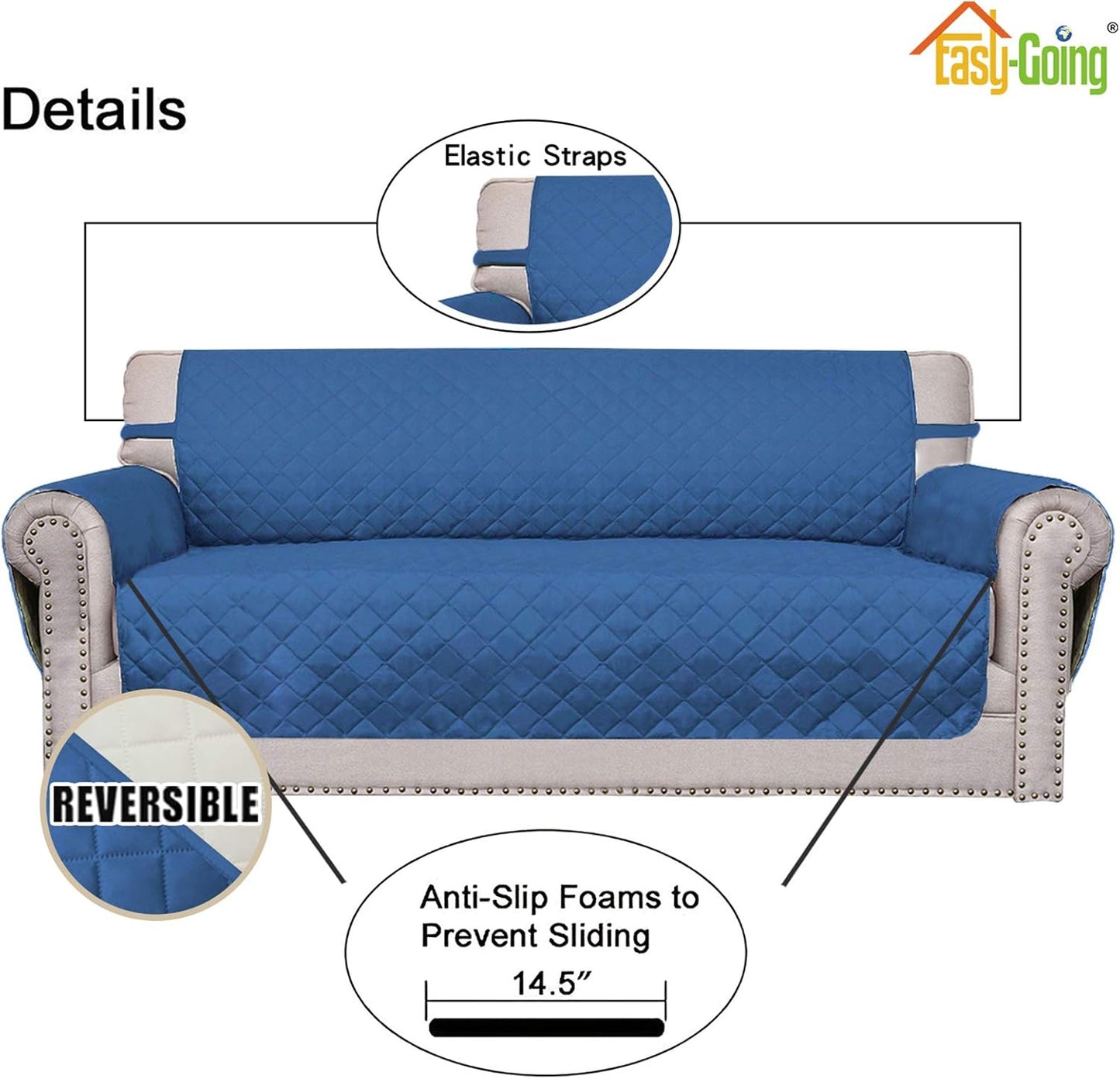 Easy-Going Sofa Slipcover Reversible Loveseat Sofa Cover Couch Cover for 2 Cushion Couch Furniture Protector with Elastic Straps for Pets Kids Dog Cat (Oversized Loveseat, Dark Blue/Ivory)
