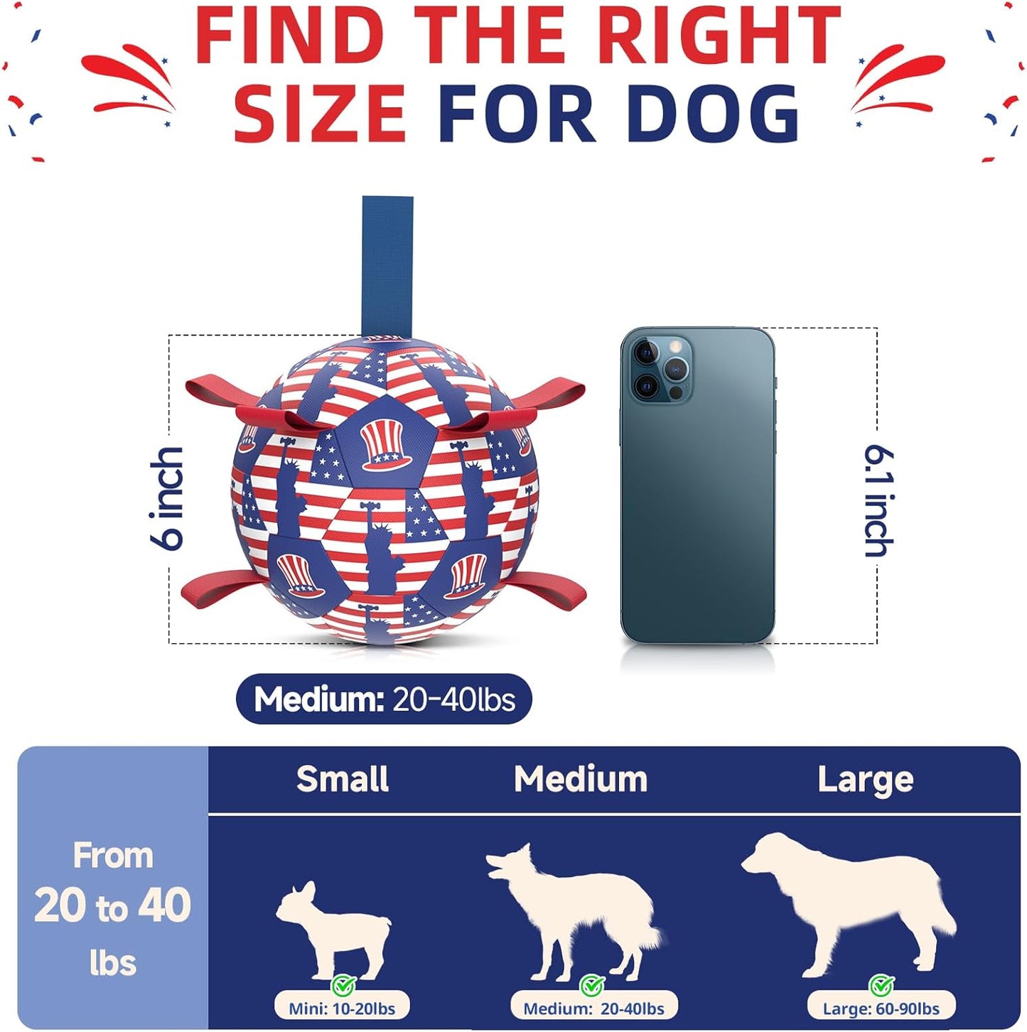 Diman Dog Toy Soccer Ball : Outdoor Dog Toys, Dog's Independence Day Gift, Dogs Soccer Ball with Straps for Tug of War, Pet Birthday Gift for Small Medium (6 Inch)