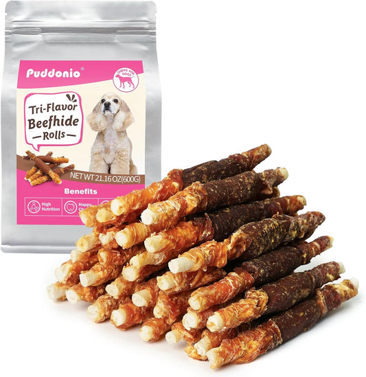 Dog Treats, Triple Flavor Rawhide Sticks, Chicken Duck and Chicken Liver Wrapped Rawhide Dog Chews, Suitable for Medium and Small Dogs, 21.16 oz