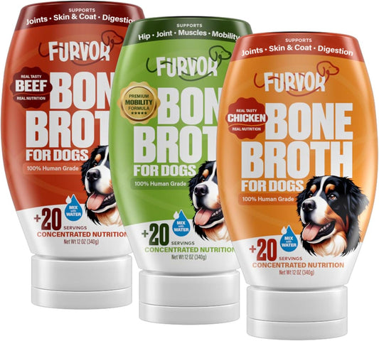 Beef, Chicken & Mobility Bone Broth Concentrate for Dogs - Collagen Protein, Amino Acids, Glucosamine for Digestion, Skin & Coat, Immune System, & Joint Support, Human Grade (3pk, 60 Servings)