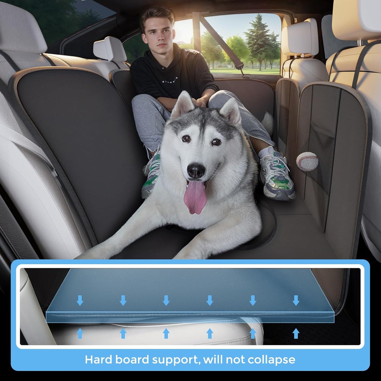 BEBAS Dog Car Seat Cover for Back Seat - Hard Bottom Scratch-Resistant Waterproof Pet Seat Protector, Hammock-Style Back Seat Extender for Cars/SUVs/Trucks, Supports 400lbs (Medium/Large Size, Black)