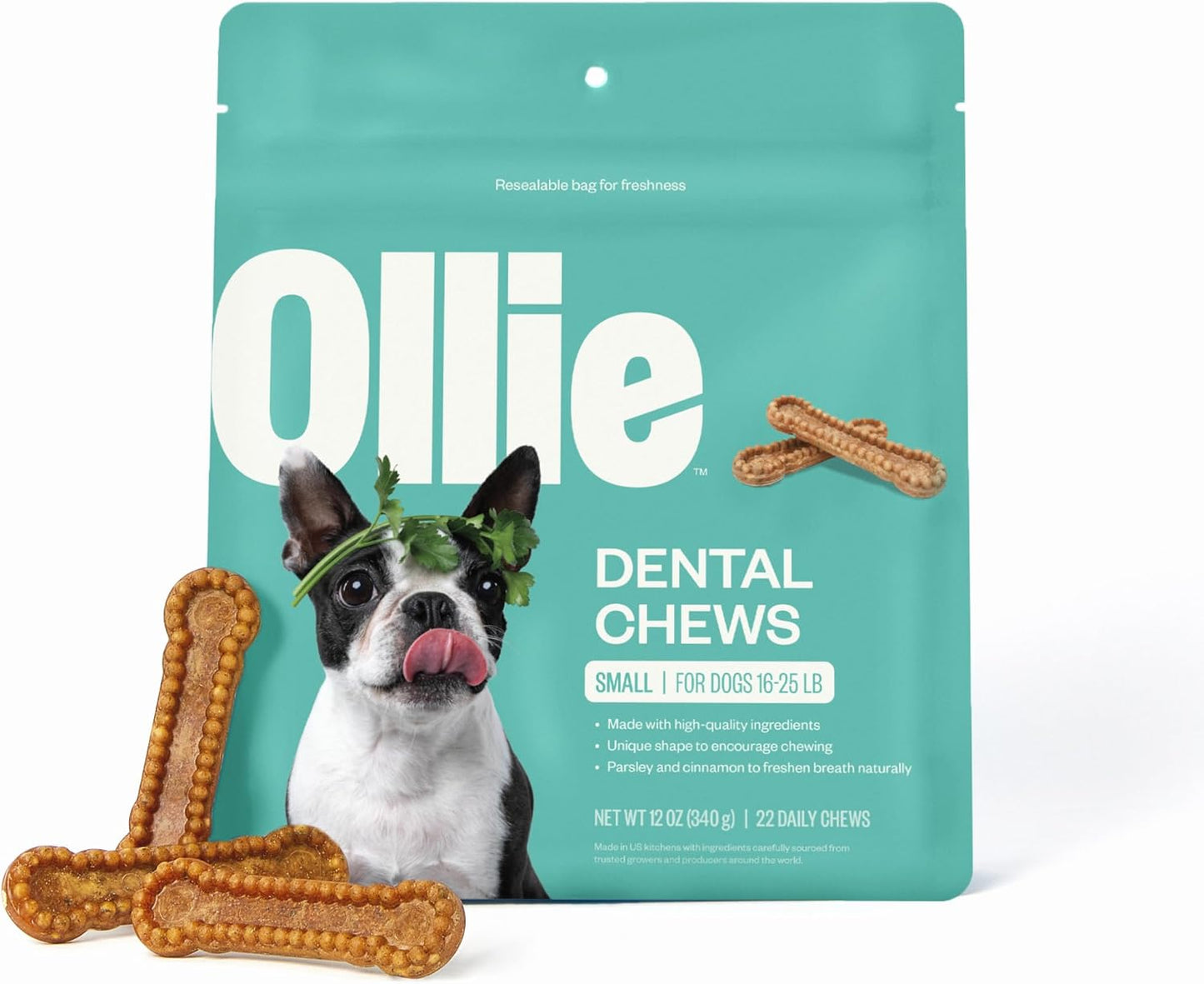 Ollie Dental Chews for Small Dogs, 12 Oz, Fresh Breath, Teeth Cleaning Treats, Sticks for Dog Oral Care, with Parsley and Cinnimon, for Pups 16-25 lbs