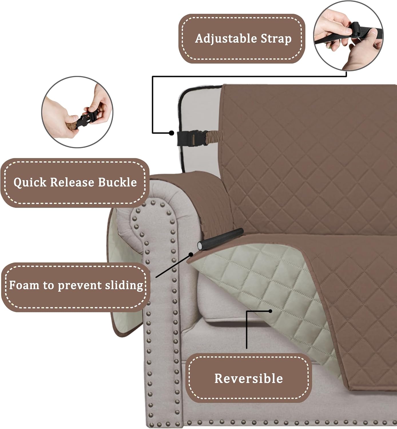 Easy-Going Reversible Chair Cover Washable Sofa Cover for Dogs Water Resistant Couch Slipcover Furniture Protector Cover with Adjustable Straps for Pets (Chair 30 in, Brown/Beige)
