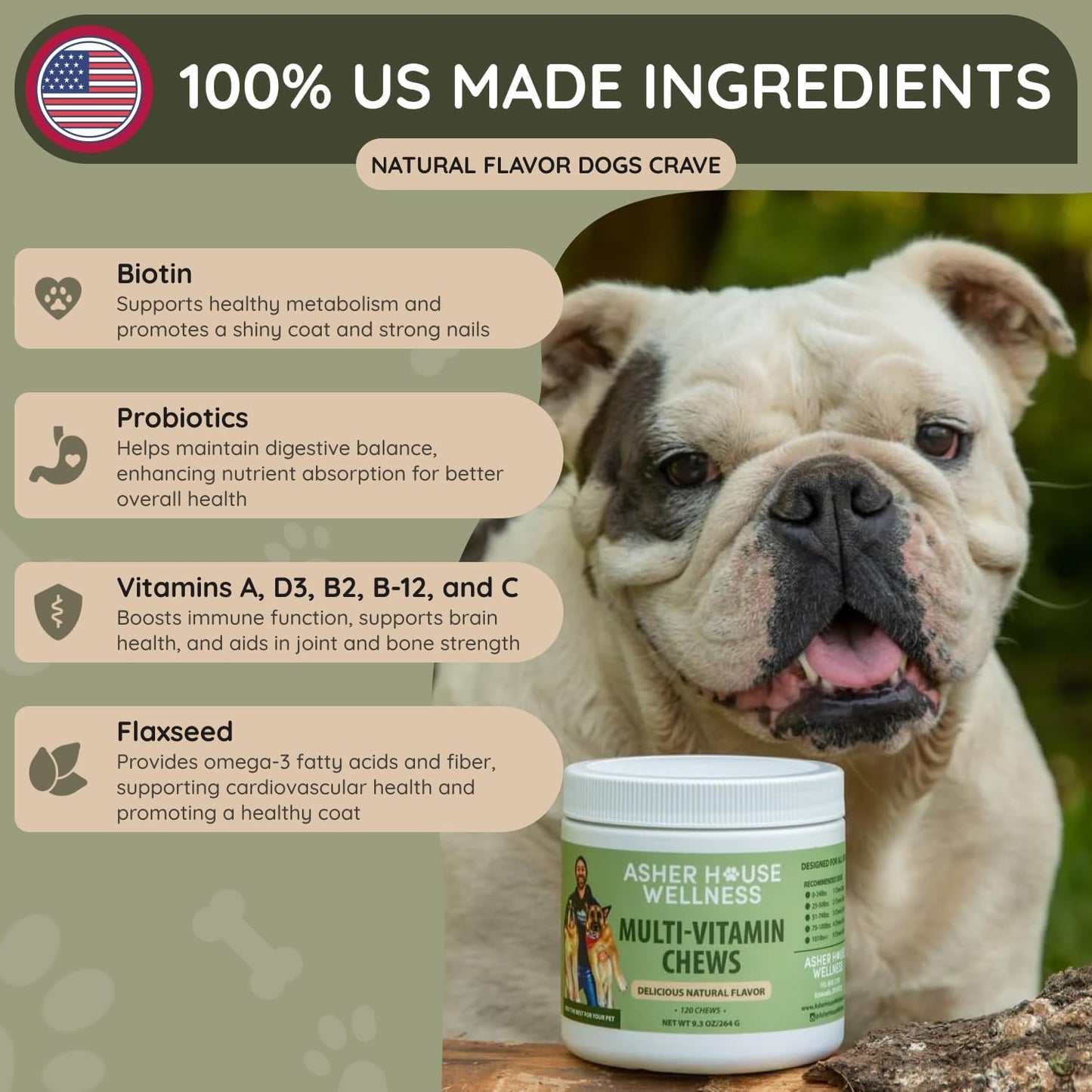 Asher House Wellness Dog Multivitamin Chews - Dog Vitamins and Supplements, Soft Chew for Pet Dogs with Probiotics, Flaxseed, Colostrum - Comprehensive Health Support from Puppy to Senior, 120 Chews