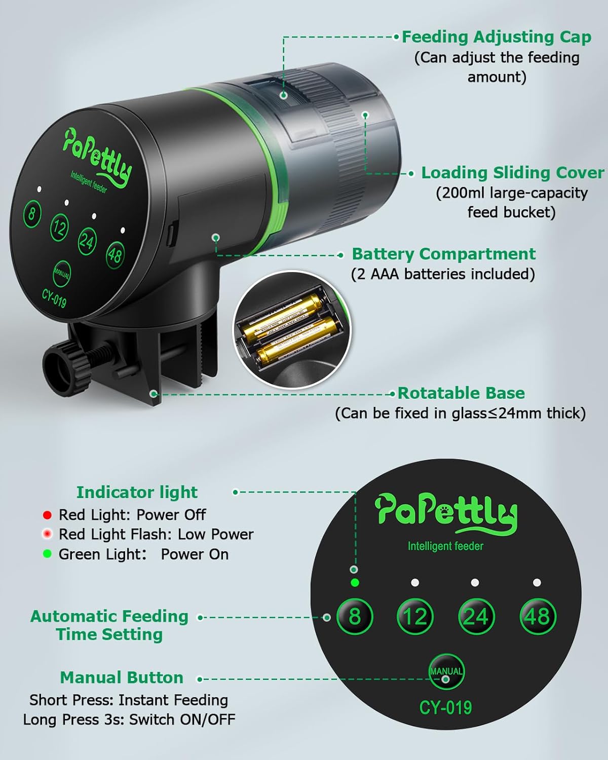 Automatic Fish Feeder for Aquarium, Auto Fish Food Dispenser with Timer and Feeding Ring, Moisture-Proof, Smart Fish Tank Vacation Feeder with 2 AAA Batteries