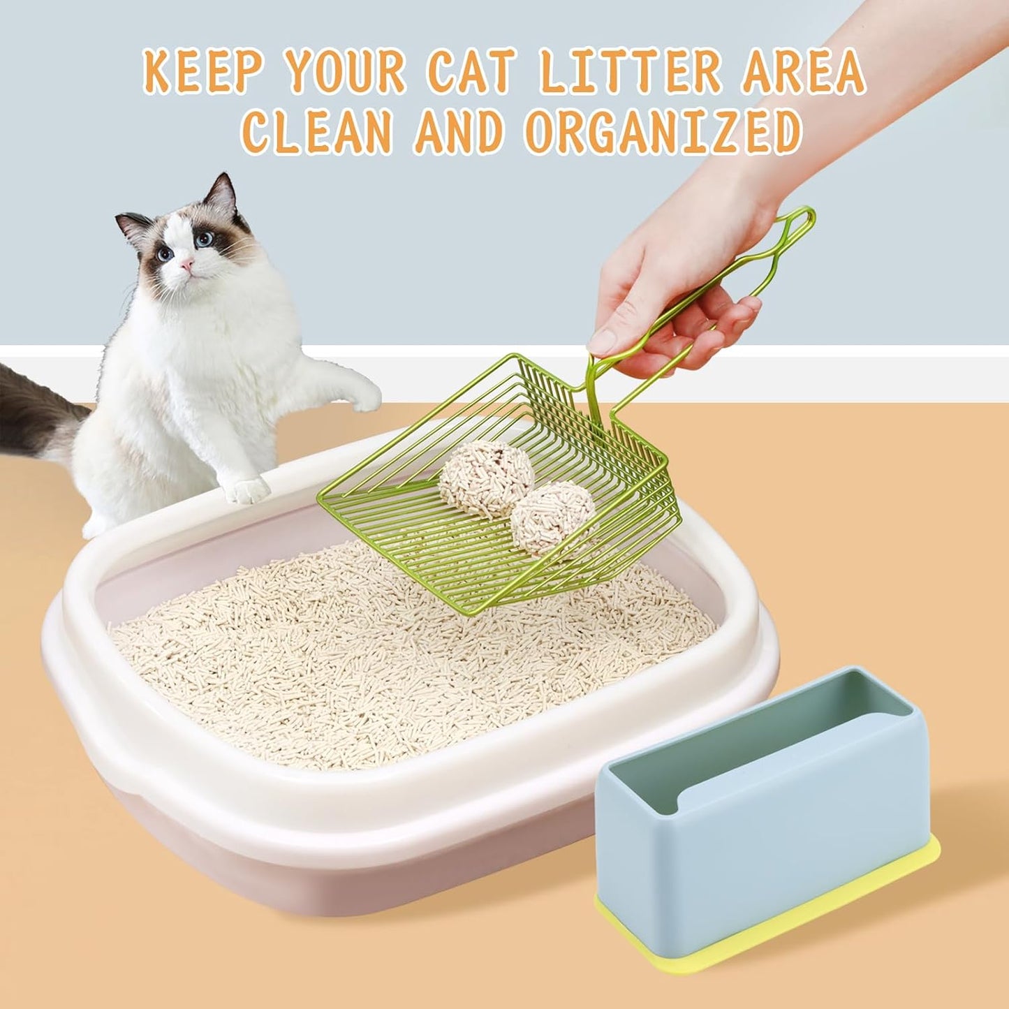 DHXYZZB Cat Litter Scoop with Holder, Metal Cat Litter Scoop Deep Shovel Kitty Poop Scooper Stand for Litter Box, Fast Sifting Non-Stick Cat Poop Sifting with Container to Store cat Scooper