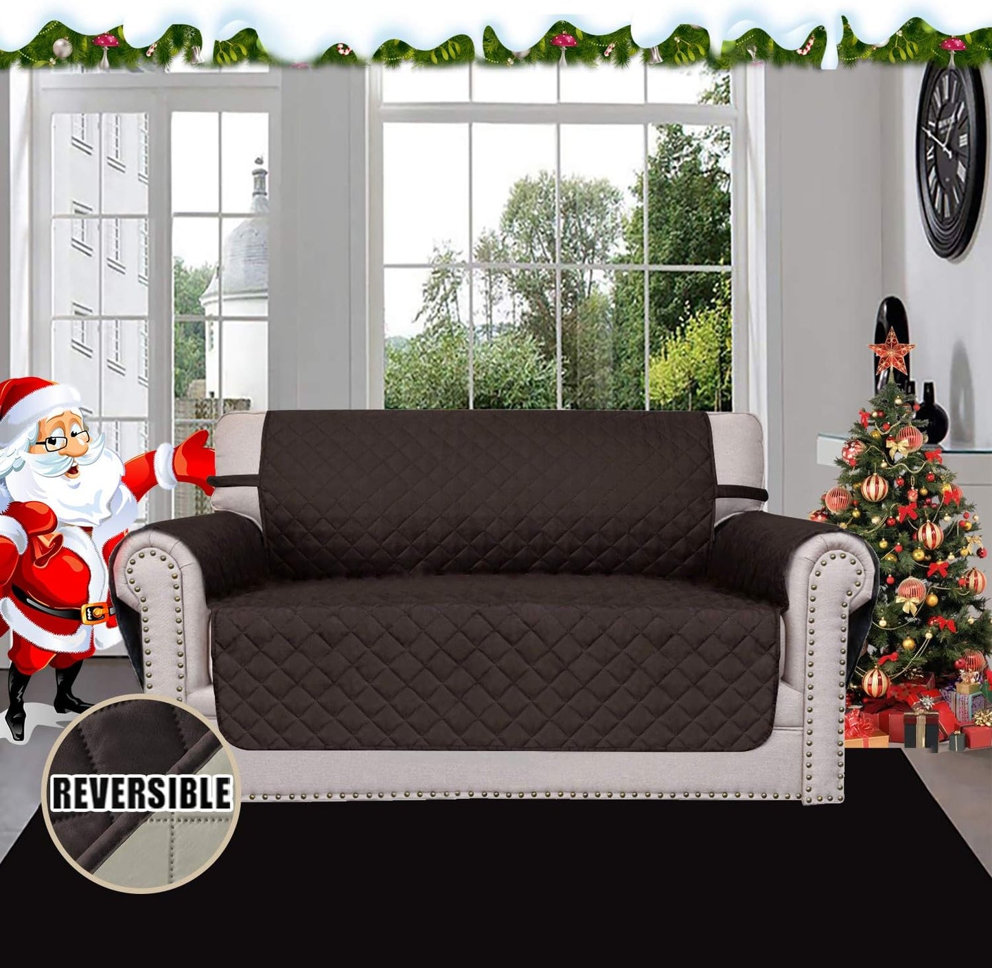 Easy-Going Reversible Loveseat Couch Cover for 2 Cushion Couch Sofa Cover for Dogs Water Resistant Furniture Protector with Foam Sticks Elastic Straps for Pet (Loveseat, Chocolate/Beige)