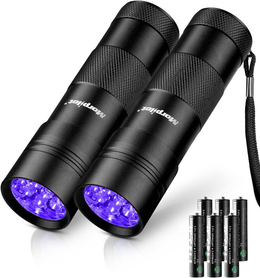 Morpilot Blacklight Flashlights uv Flashlight,12 LED 395nm Ultraviolet Blacklight 2 PCS Black Light Flashlight Mini, Torch Light Pet Urine Detector Light for Dog/Cat, Dry Stains,Resin Curing,Bed Bug