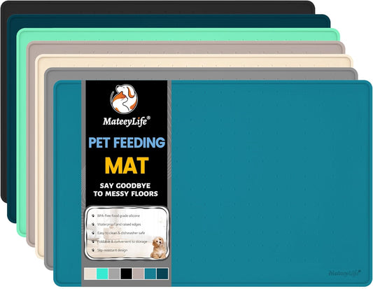 MateeyLife Dog & Cat Food Mat, Waterproof & Nonslip Silicone Feeding Mats for Dogs and Cats, Raised Edge Tray for Messy Drinkers, 24"x16", Teal