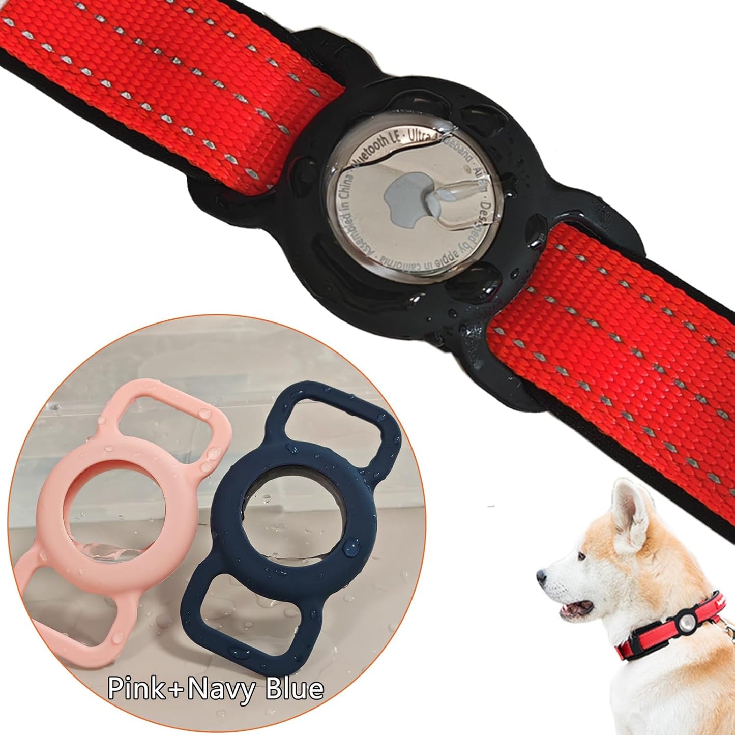 Apple AirTag Case for Pets - 2 Pack Waterproof Silicone Holder, Full Body Protective Cover for Dog & Cat Collars - Pink + Navy Blue