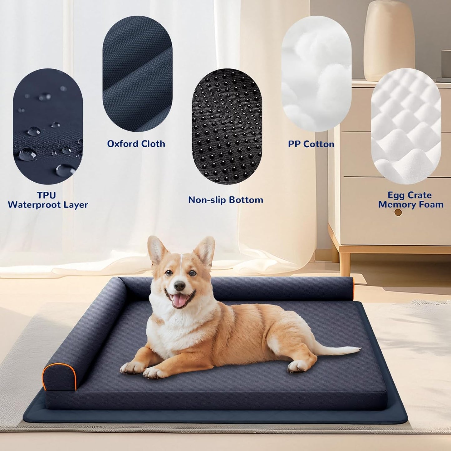 Dog Bed XL Indestructible Waterproof Big Dog Couch Orthopedic with Anti-Slip Mat, Memory Foam Pet Bed Washable (Blue)