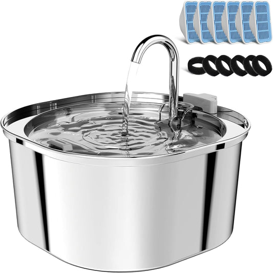Cat Water Fountain, 3.2L/108oz Stainless Steel Pet Water Fountain for Cats/Dogs Indoor, Dog Drinking Dispenser Metal Kitty Spout with 6 Filters+ 6 Sponges