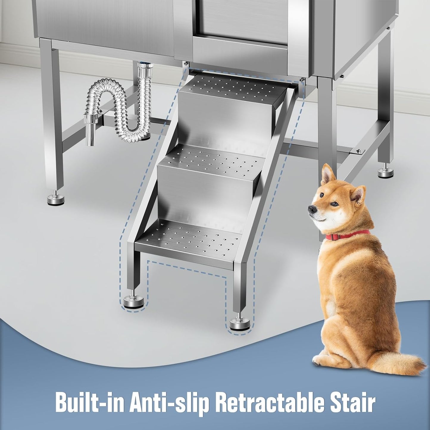 38" Pet Dog Bathing Station w/Ramp, Professional Stainless Steel Dog Grooming Tub w/Storage Drawer, Floor Grate, Faucet, Dog Bathtub for Large,Medium,Small Pets, Washing Sink for Home