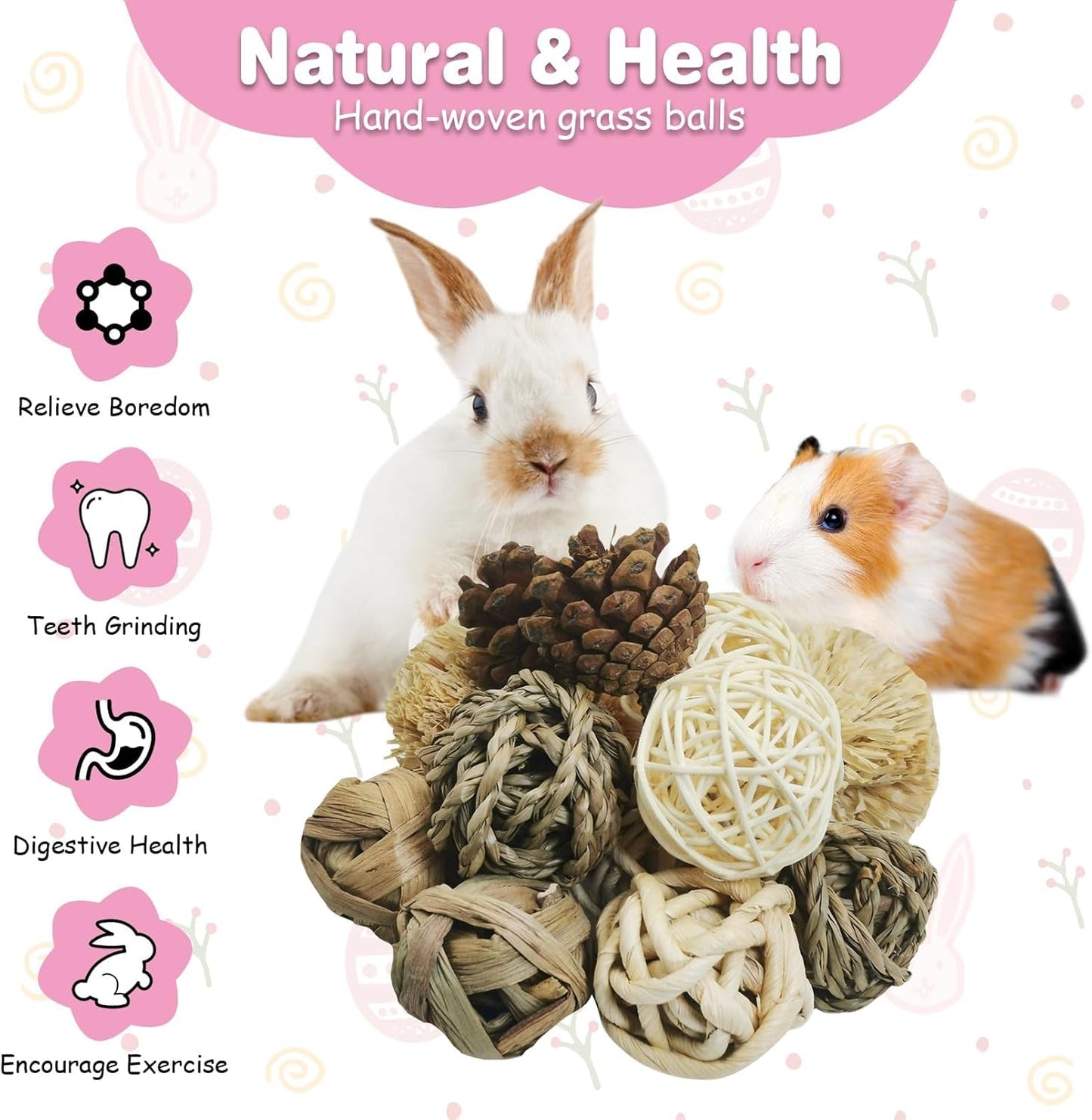 kathson 12 Pack Natural Bunny Chew Balls Small Animal Activity Toys Rabbit Play Ball Rolling Toy Gnawing Treats Timothy Grass Balls for Guinea Pigs Chinchilla Pet Cage Entertainment