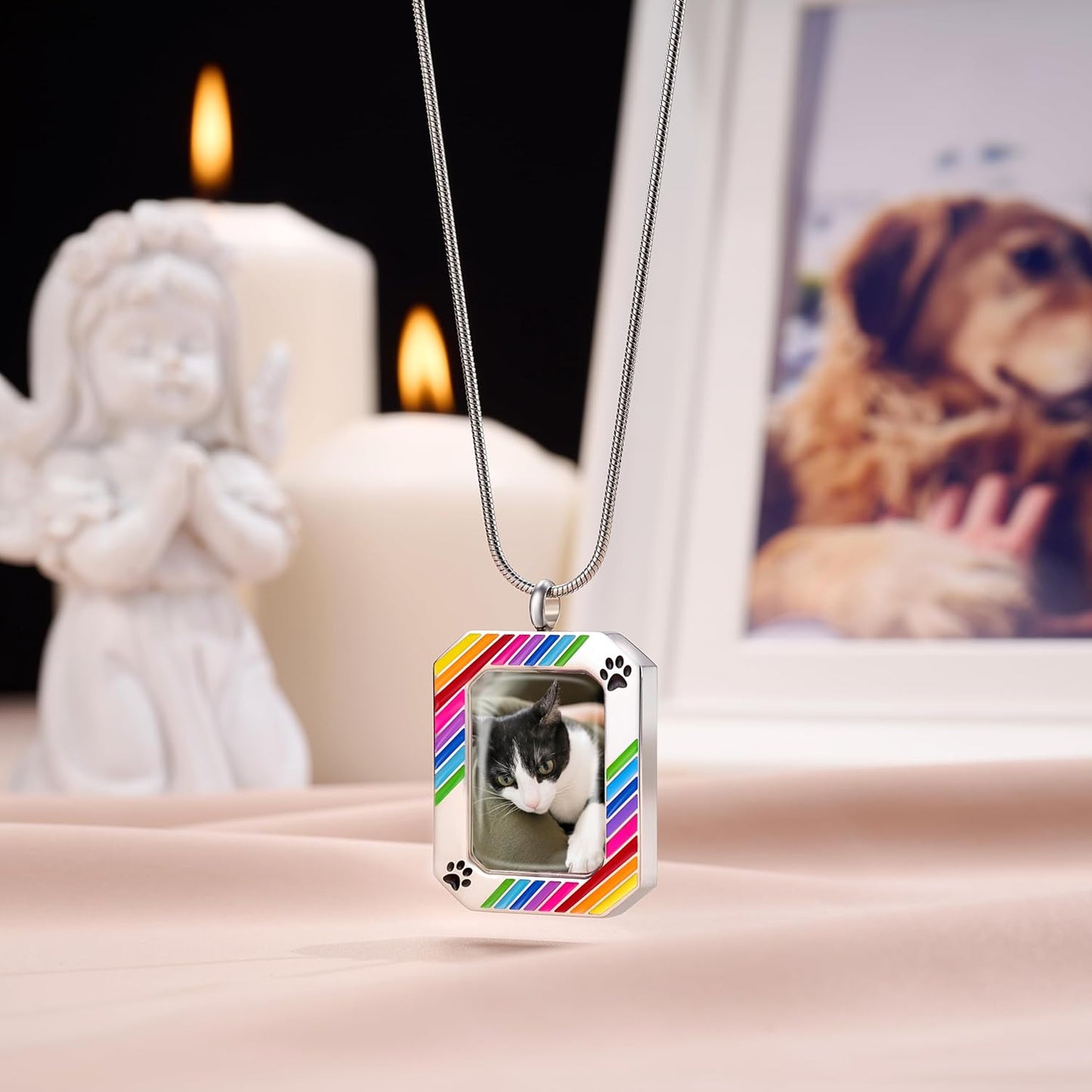 Fanery Sue Personalized Pet Ashes Necklace for Dog Cat Custom Photo&Text Pet Loss Sympathy Gift Cremation Jewelry