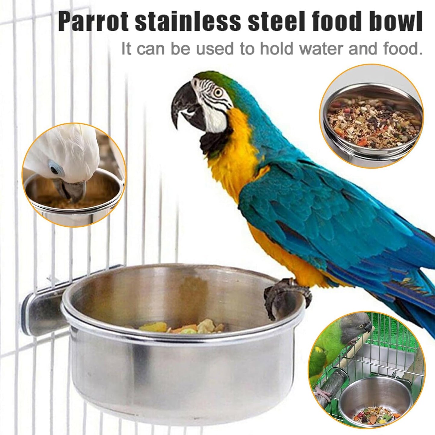 PINVNBY 6 Pieces Stainless Steel Bird Feeding Dish Cups,Parrot Feeder Parakeet Food Water Bowls with Clamp Holder & 6 Pcs Bird Spoon & 6 Pcs Birds Ball Toys for Budgies Macaw Small Animal(L)