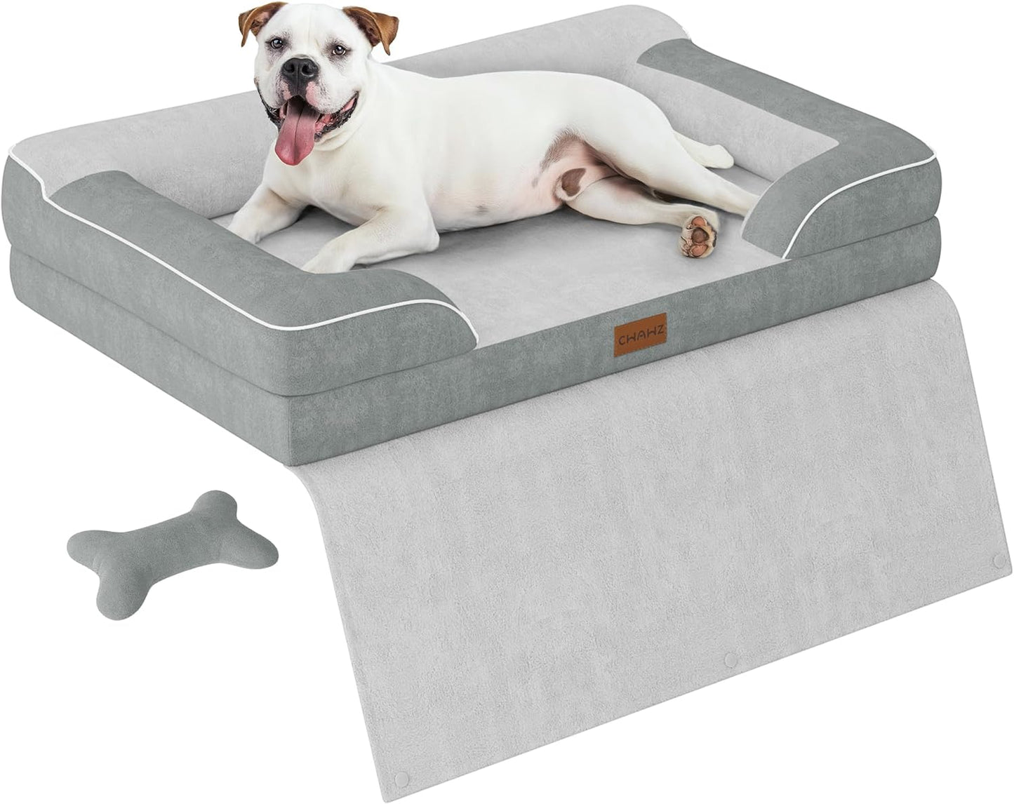 Dog Beds for Large Dogs, Orthopedic Pet Bed with Cooling Gel Memory Foam, Waterproof Large Dog Beds with Removable Washable Cover, 36" Pet Sofa Dutch Velvet with Blanket Bone Toy, Light Gray