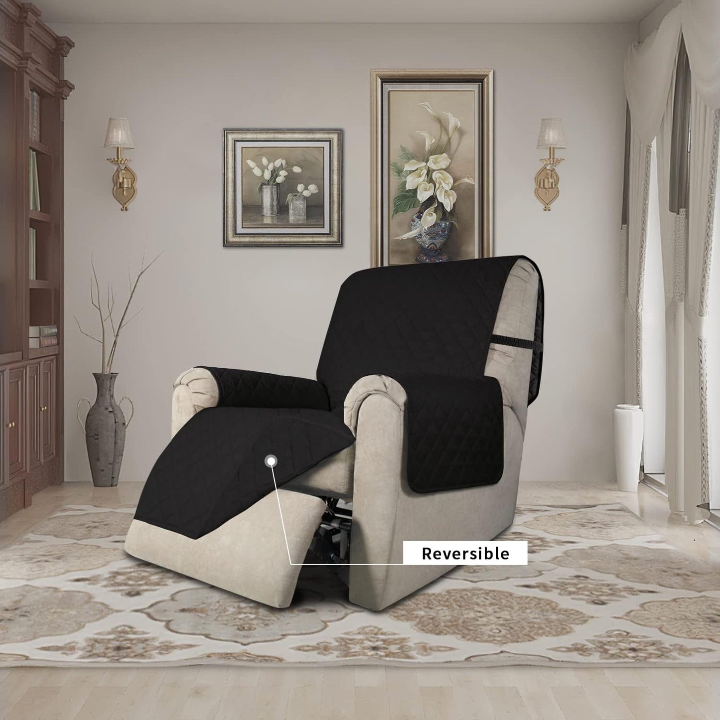 Easy-Going Recliner Chair Slipcover Reversible Sofa Cover Water Resistant Couch Cover Furniture Protector with Elastic Straps for Pets Dog (Recliner 22 inch, Black/Black)